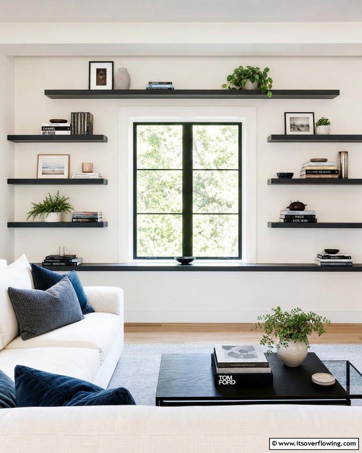 Floating Bookcases Surrounding a Window - 20 Bookcases Around Window Design Ideas- Functional Decor