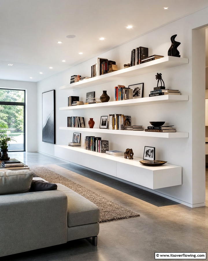 Floating Bookshelf Elegance - 30 Creative Bookshelf Decor Ideas for Organized Living Spaces
