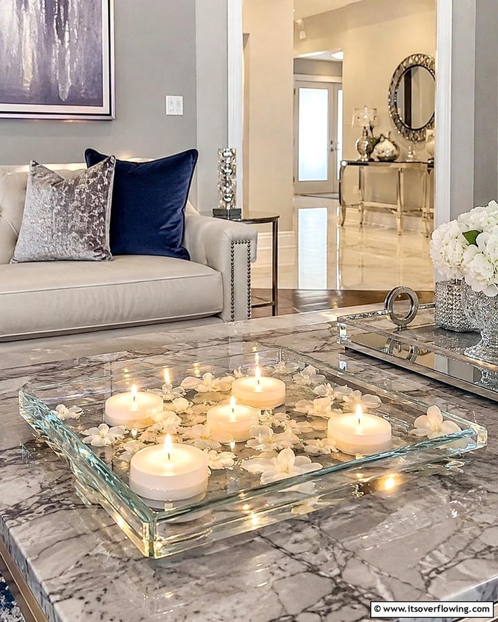 Floating Candles and Trays - 25 Sofa Table Decor Ideas to Elevate Your Space