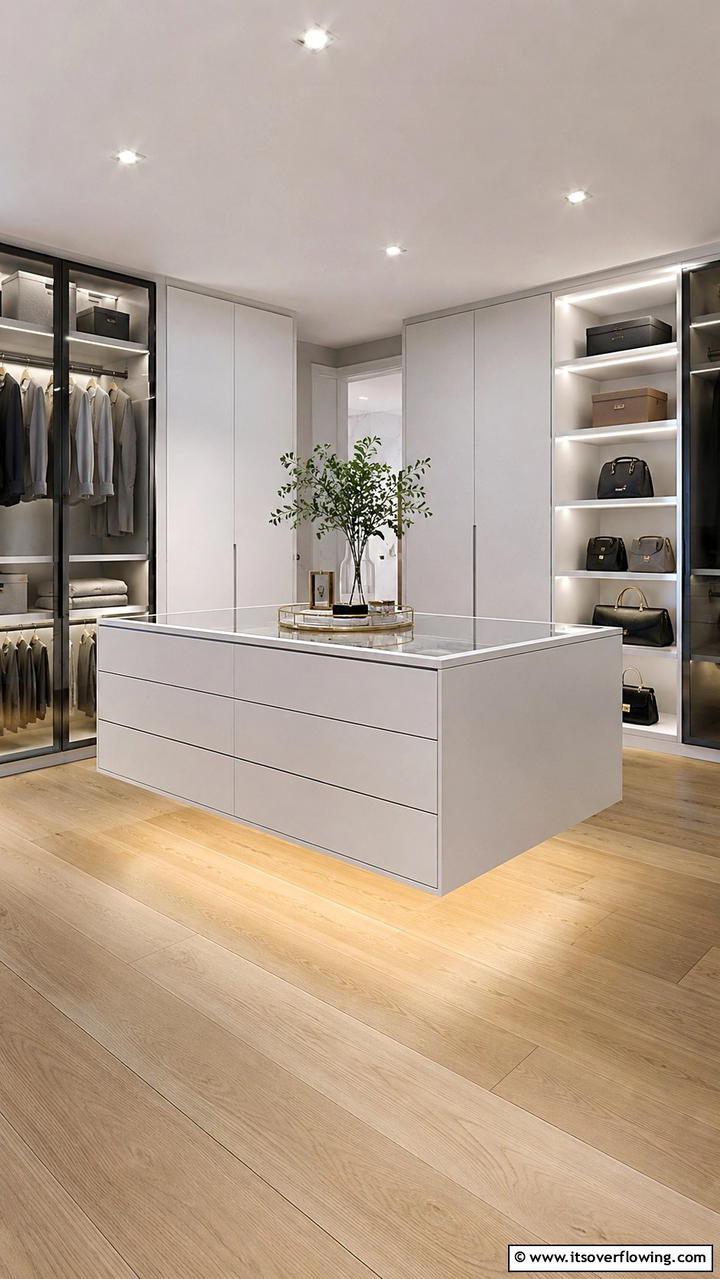 Floating Closet Island - 30 Closet Island Ideas- Luxurious Walk-In Storage Solutions