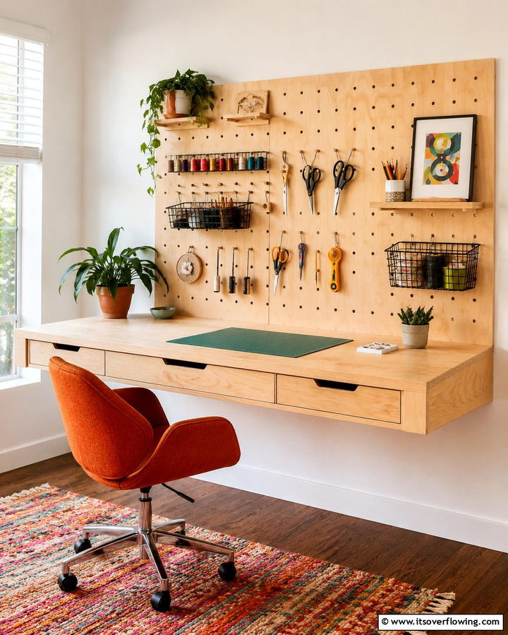 Floating Desk with Built In Pegboard - 25 Floating Desk Ideas for Modern Home Offices
