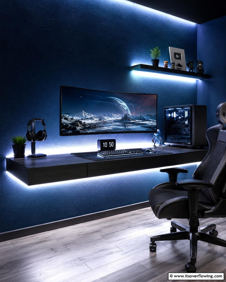 Floating Desk with LED Lighting - 25 Floating Desk Ideas for Modern Home Offices
