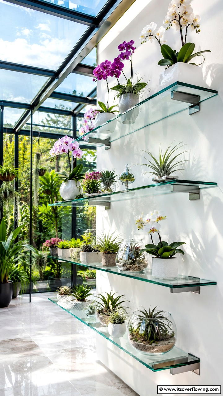 Floating Glass Shelves for Greenhouses - 30 Greenhouse Shelving Ideas- Organized Plant Storage