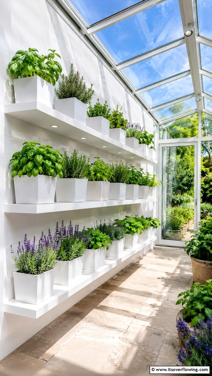 Floating Herb Garden Shelves - 30 Greenhouse Shelving Ideas- Organized Plant Storage