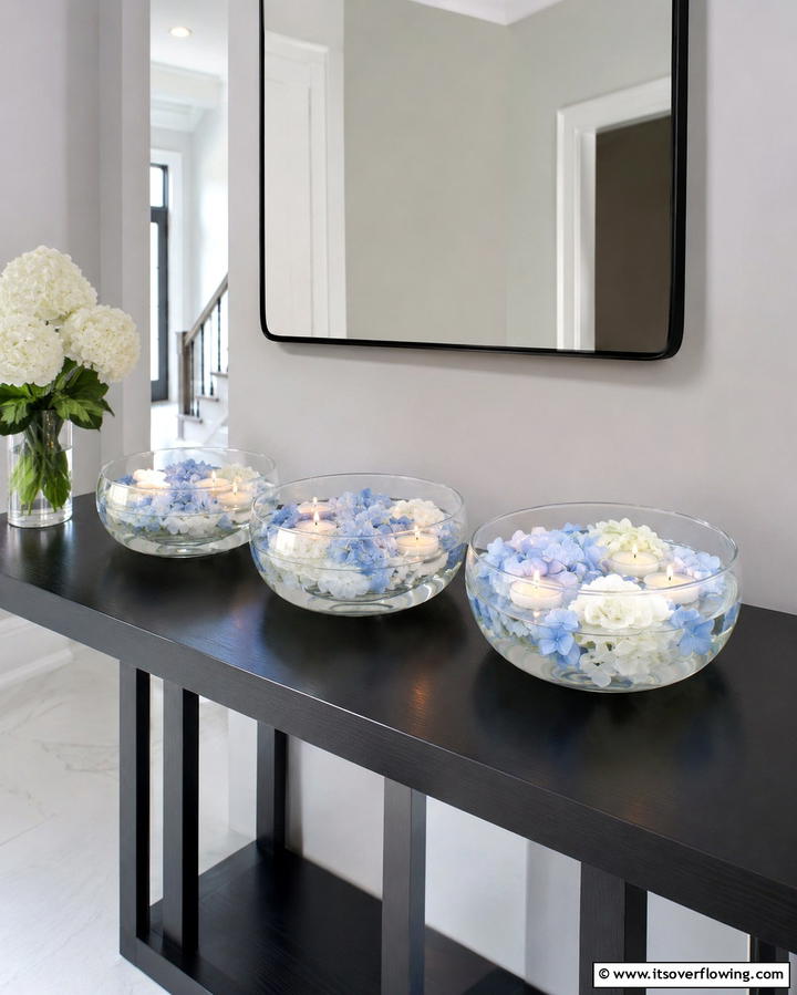 Floating Hydrangea Petals in Bowls - 25 Hydrangea Centerpiece Ideas for Elegance