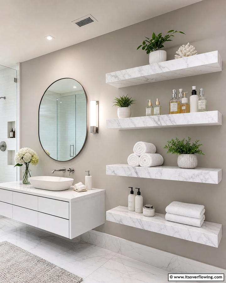 Floating Marble Shelves - 30 Luxurious Marble Bathroom Ideas for a Spa-Like Retreat