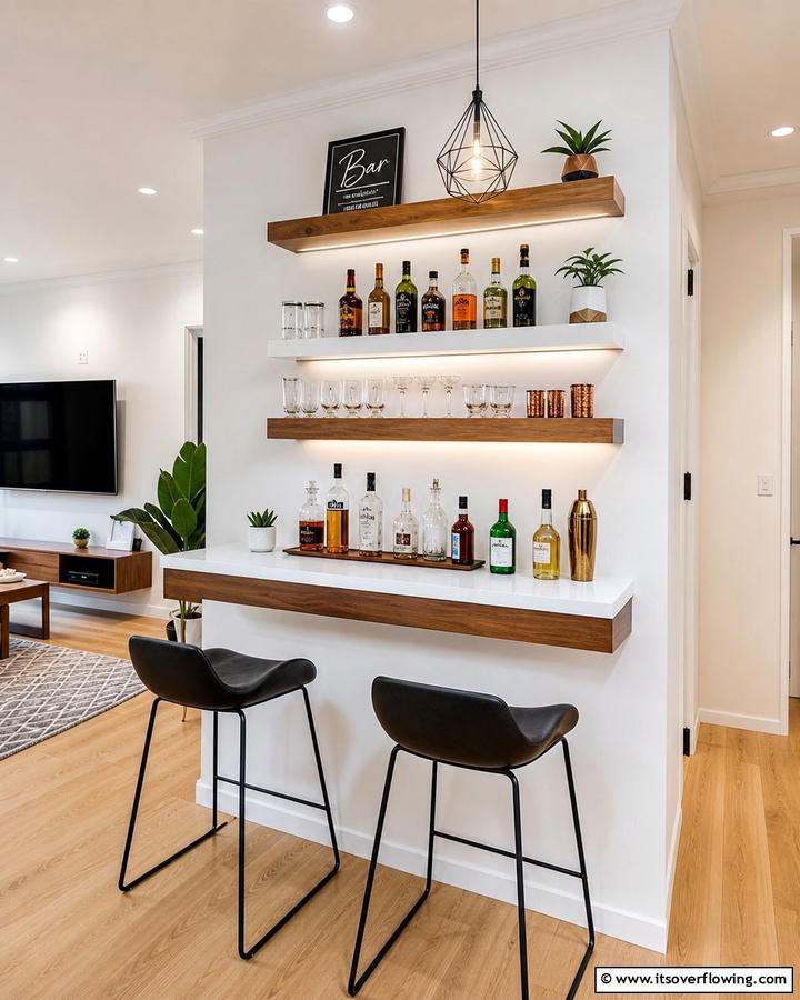 Floating Shelf Bar - 30 Budget-Friendly Home Bar Ideas for Entertaining