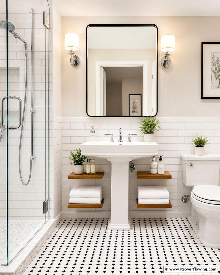 Floating Shelves Beneath the Sink - 20 Pedestal Sink Storage Ideas for Organized Bathrooms