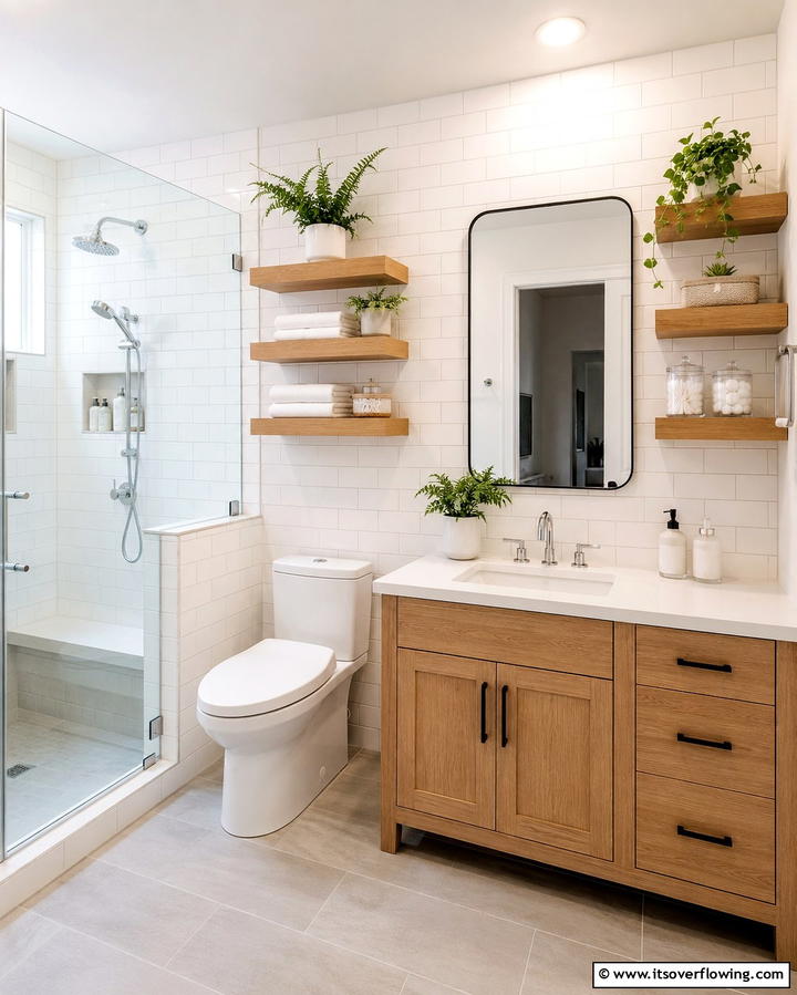 Floating Shelves Display - 30 Small Master Bathroom Ideas for Efficient Luxury