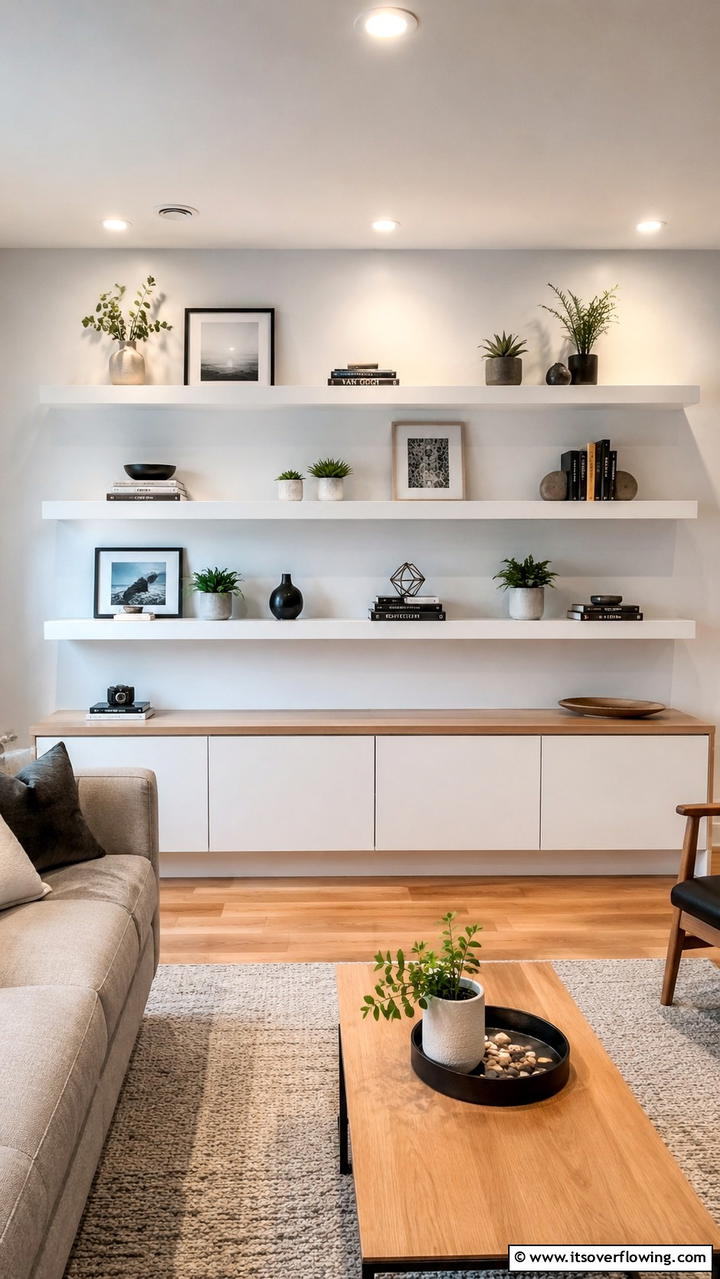 Floating Shelves Display - 30 Basement Furniture Ideas for Functional Living Spaces