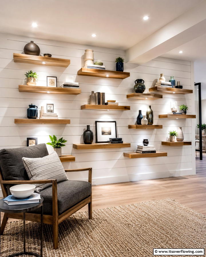 Floating Shelves Display - 30 Functional Basement Furniture Ideas for Multi-Use Spaces