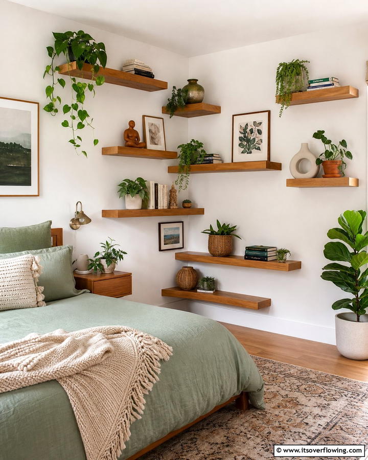 Floating Shelves Display - 20 Bedroom Corner Ideas to Maximize Your Space