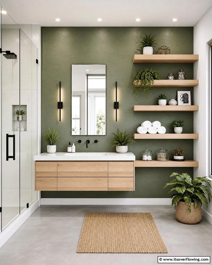 Floating Shelves Feature - 21 Bathroom Accent Wall Ideas for Bold & Textured Designs