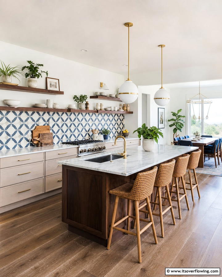 Floating Shelves and Backsplash - 30 Kitchens Without Upper Cabinets for Open Concepts