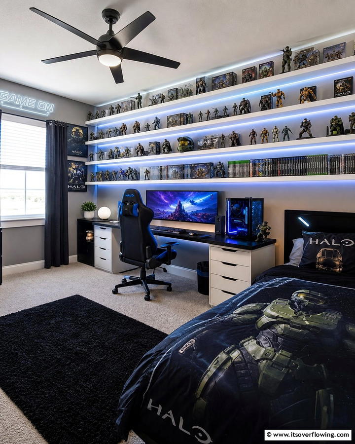 Floating Shelves for Game Displays - 25 Boys Gaming Bedroom Ideas for the Ultimate Gaming Setup