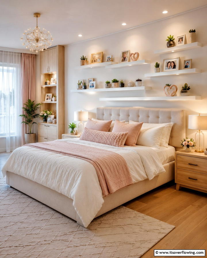 Floating Shelves for Keepsakes - 30 Romantic Bedroom Ideas to Create a Cozy Love Nest