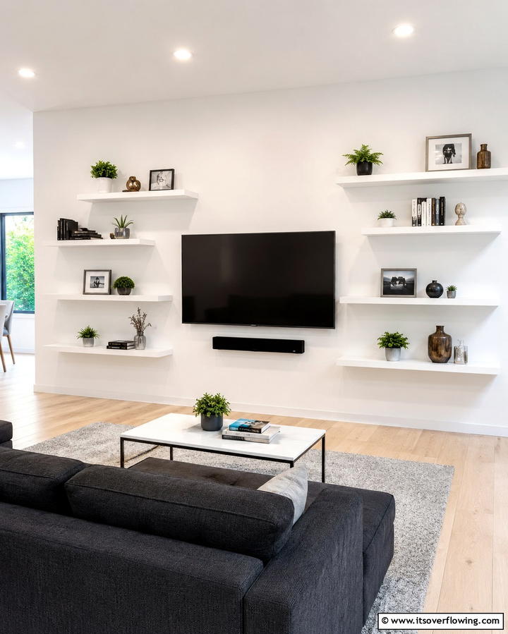 Floating Shelves for Minimalist Storage - 20 Small Media Room Ideas for Cozy Entertainment