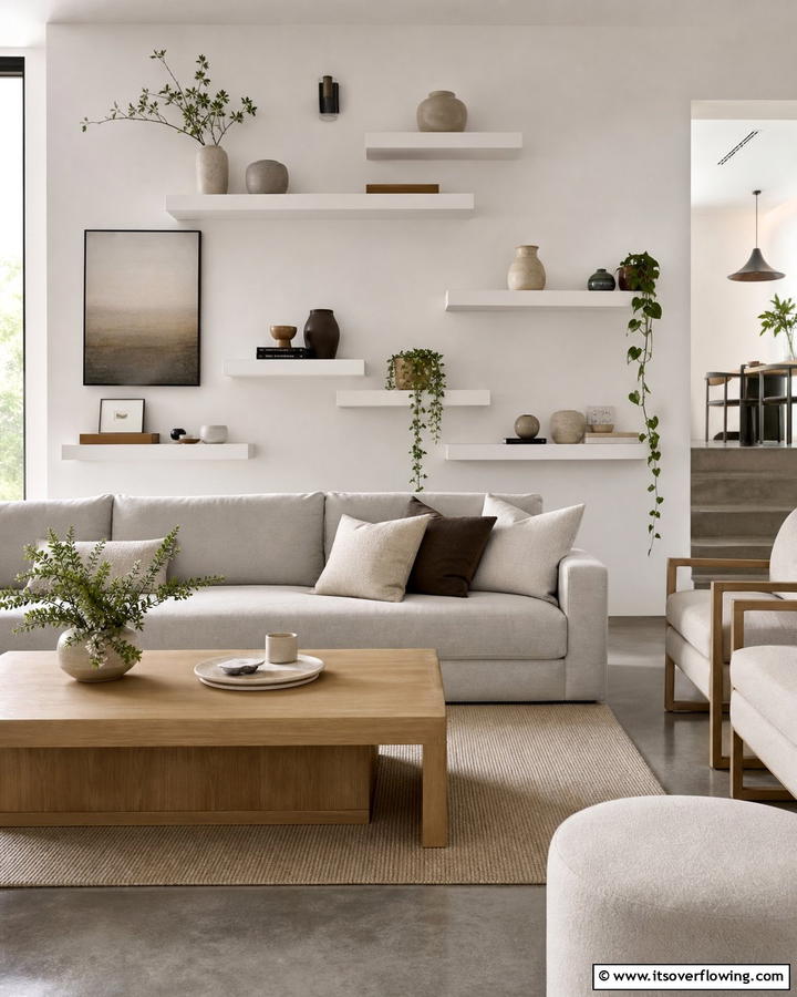 Floating Shelves for Modern Minimalism - 20 Pottery Barn Living Room Ideas for Timeless Style