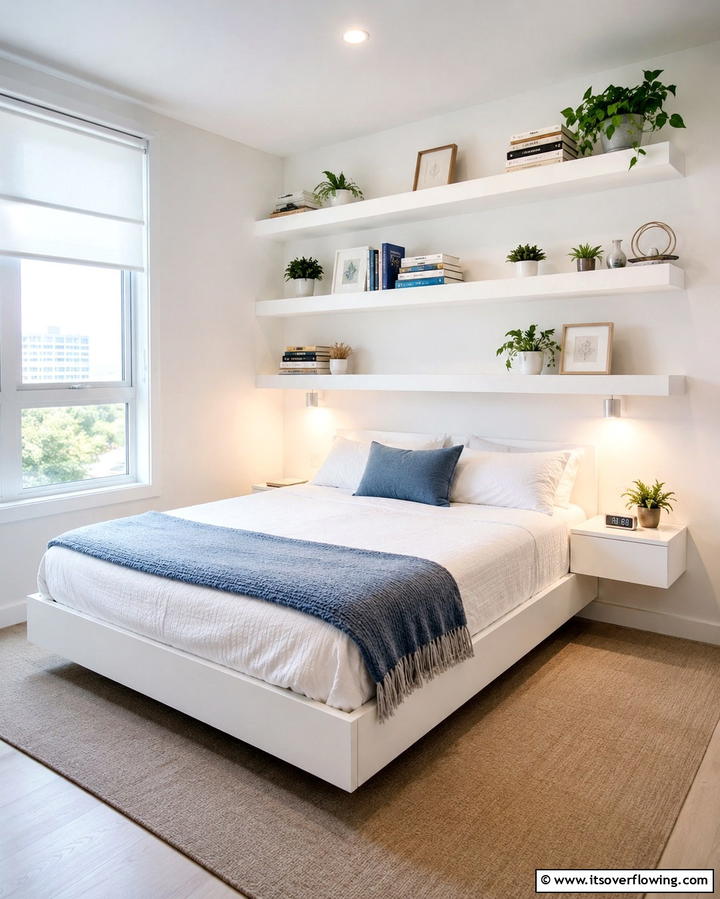 Floating Shelves for Space Saving Storage - 20 Bright Small White Bedroom Design Ideas