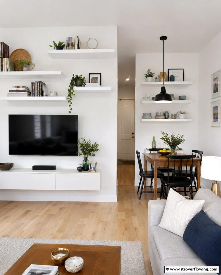 Floating Shelves for Storage - 20 Small Living Room Ideas With TV and Dining Table