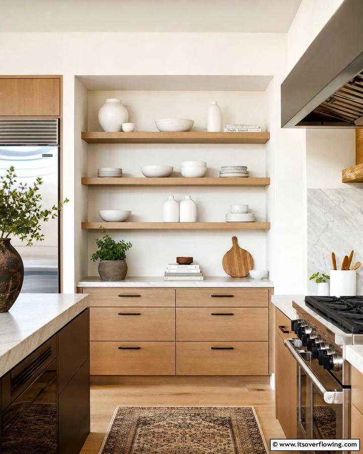 Floating Shelves in a Niche - 25 Open Shelving Kitchen Ideas for a Modern Look