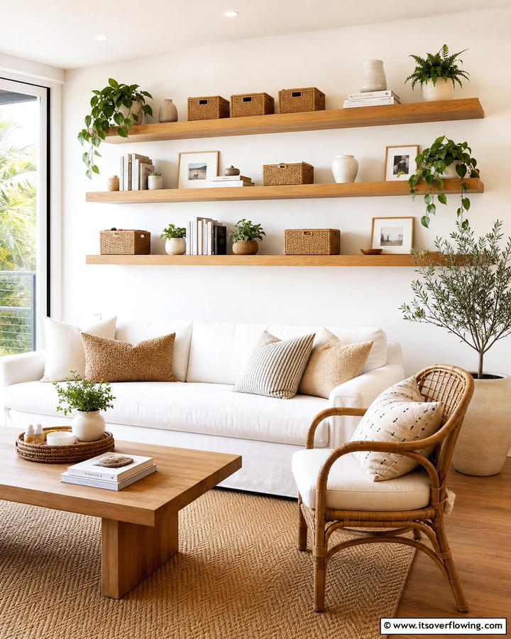 Floating Shelves with Baskets - 30 Living Room Storage Ideas to Declutter Your Space