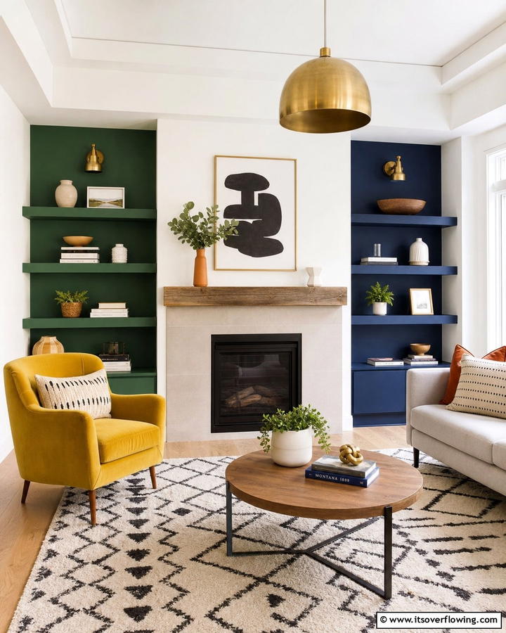 Floating Shelves with Bold Colors - 20 Fireplace Floating Shelves Design Ideas for Cozy Homes