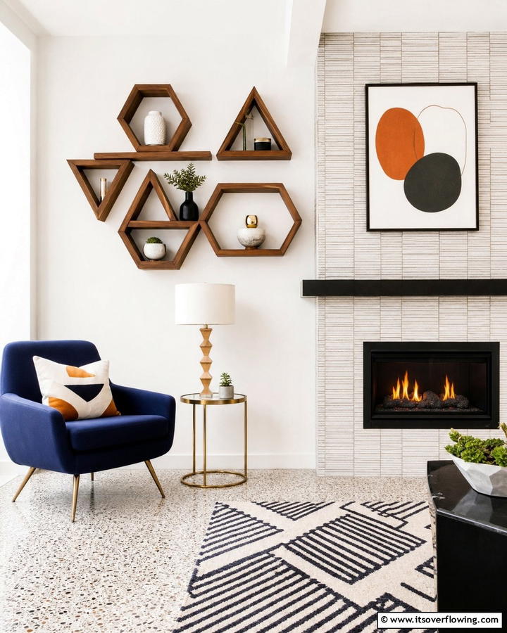 Floating Shelves with Geometric Patterns - 20 Fireplace Floating Shelves Design Ideas for Cozy Homes