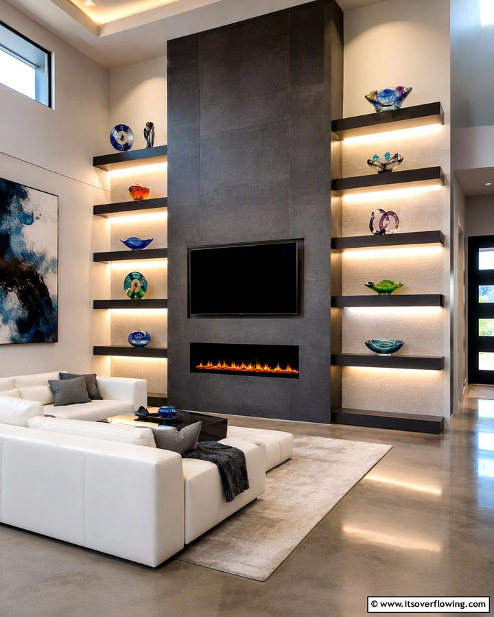 Floating Shelves with Hidden Lighting - 30 Fireplace Built-In Design Ideas for Focal Point Spaces