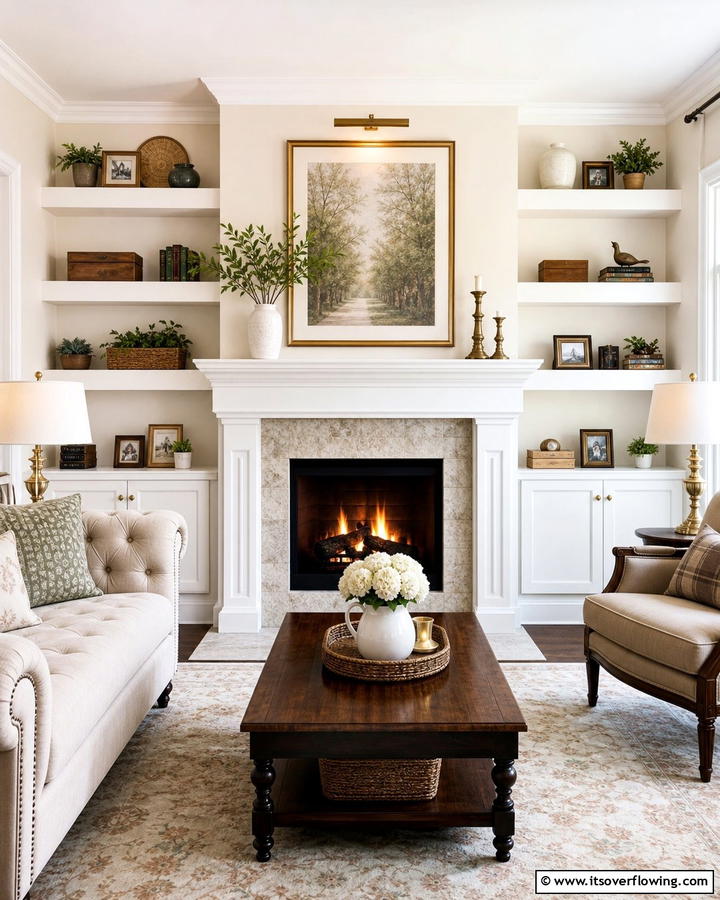 Floating Shelves with Integrated Fireplace Mantel - 20 Fireplace Floating Shelves Design Ideas for Cozy Homes