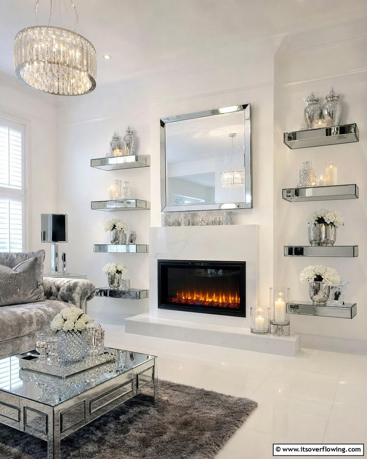 Floating Shelves with Mirrored Surfaces - 20 Fireplace Floating Shelves Design Ideas for Cozy Homes