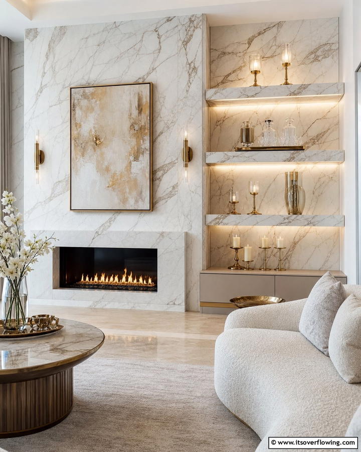 Floating Shelves with Natural Stone Accents - 20 Fireplace Floating Shelves Design Ideas for Cozy Homes