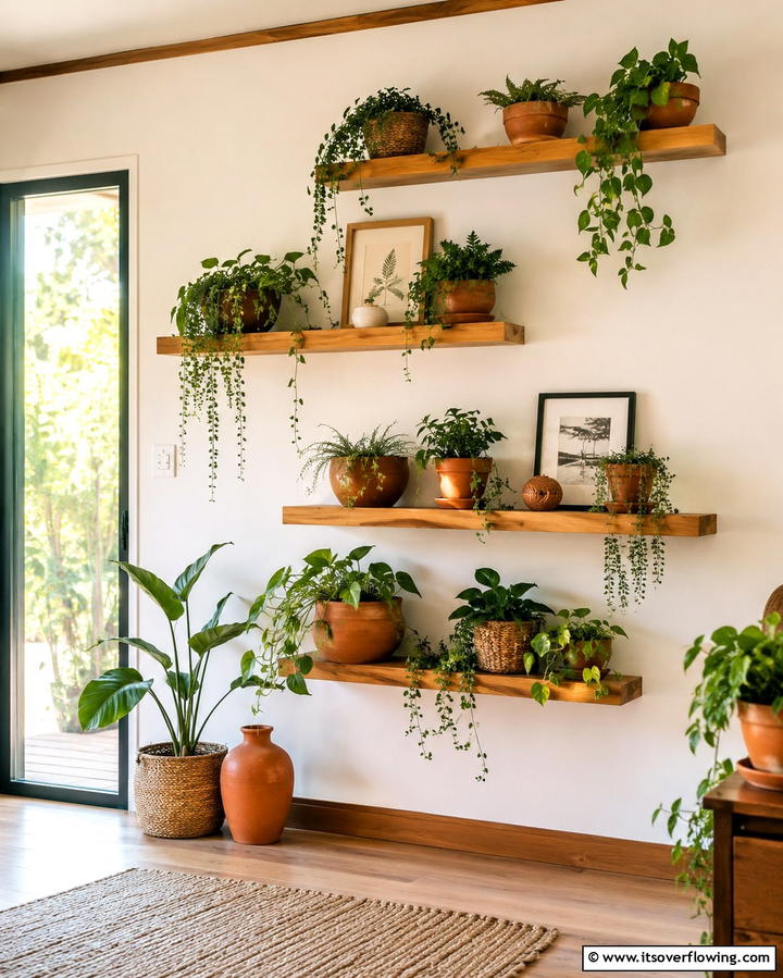 Floating Shelves with Plants for a Natural Feel - 30 Living Room Shelf Ideas for Stylish Storage Solutions