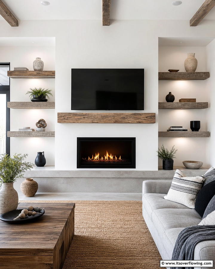 Floating Shelves with Textured Finishes - 20 Fireplace Floating Shelves Design Ideas for Cozy Homes