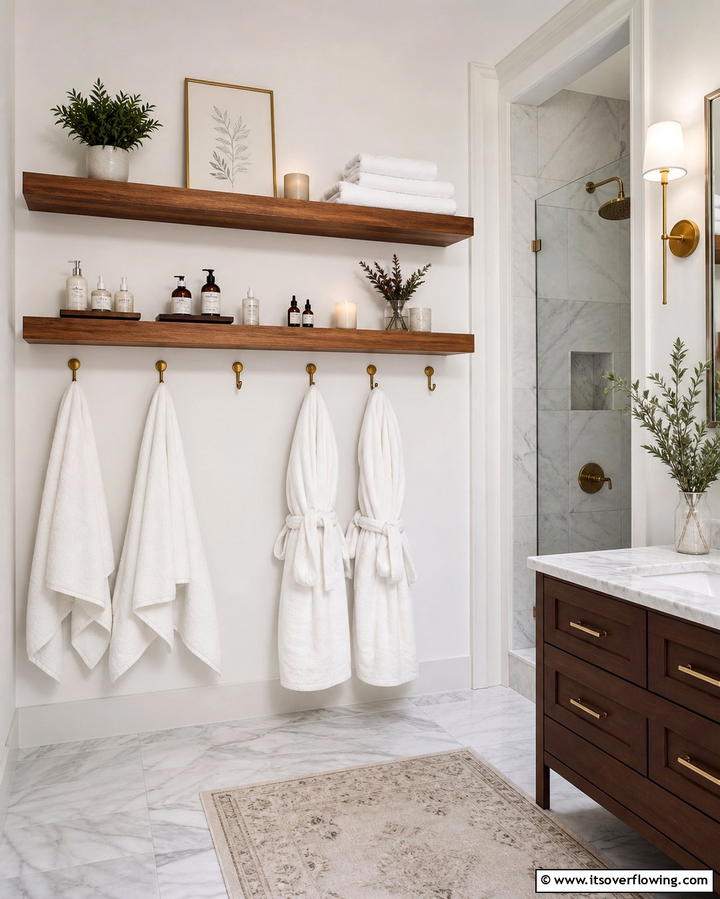 Floating Shelves with Towel Hooks - 25 Bathroom Shelf Ideas for Organized and Stylish Storage