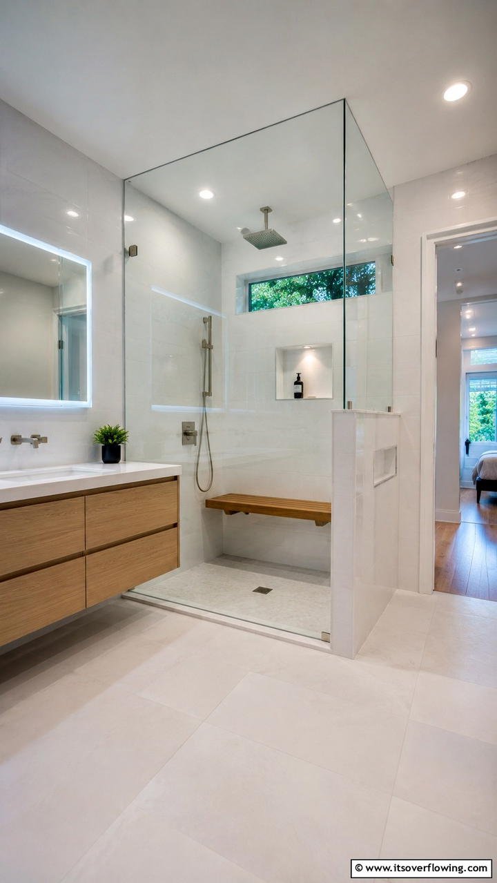 Floating Shower Bench Integration - 30 Half-Wall Shower Ideas- Sleek Bathroom Design Solutions