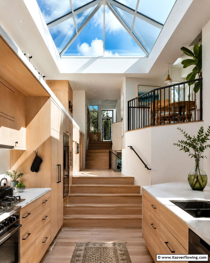 Floating Stairs Between Levels - 30 Modern Split Level Kitchen Design Concepts
