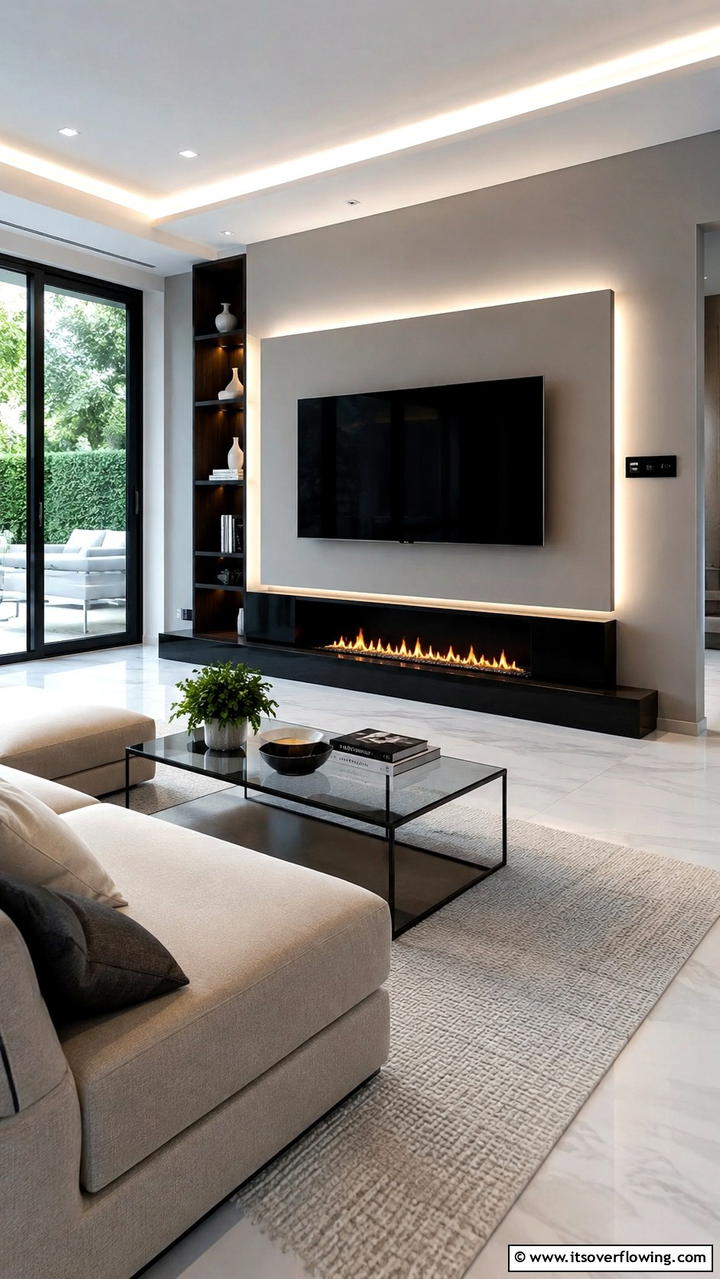 Floating TV Panel - 21 Stylish TV Over Fireplace Ideas for Modern Living Rooms