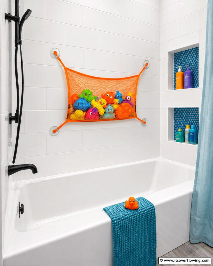 Floating Toy Storage Nets - 25 Kids Bathroom Ideas for Fun and Functionality