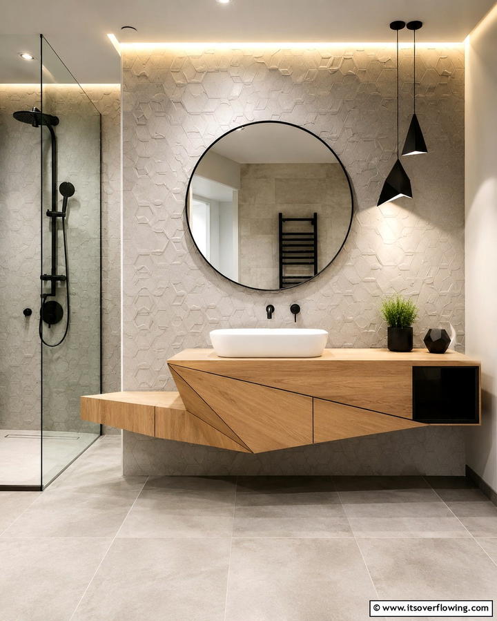 Floating Vanity With Geometric Design - 25 Floating Vanity Bathroom Ideas for a Modern and Sleek Look