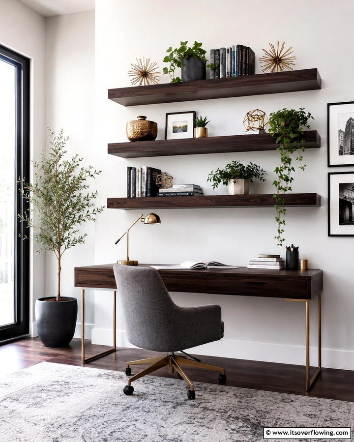 Floating Wall Shelves - 30 Affordable Budget Home Office Ideas for Productive Workspaces