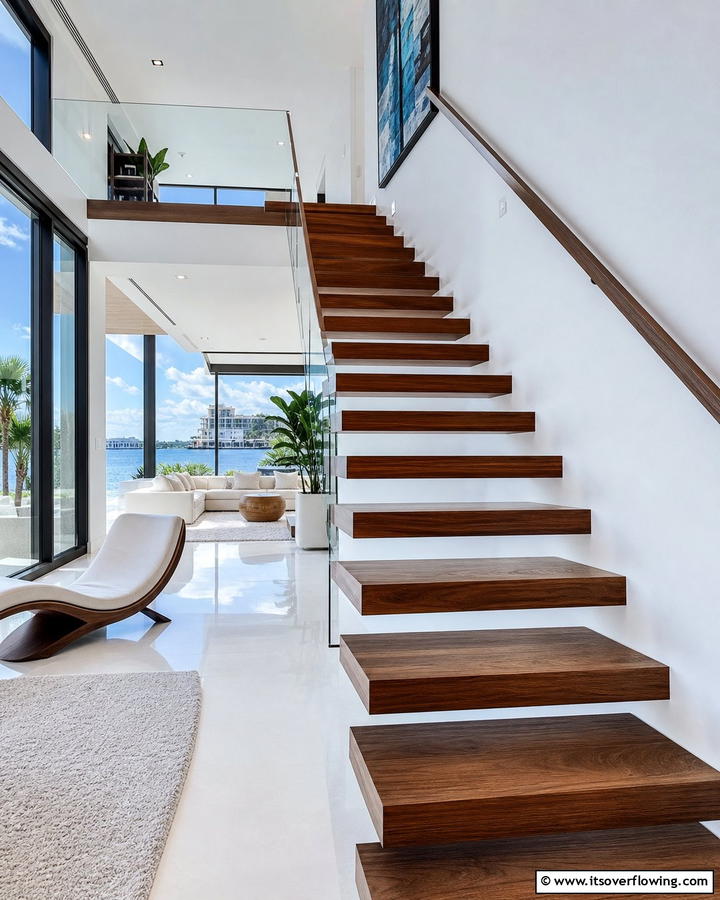 Floating Wood Railing Design - 30 Wood Stair Railing Ideas for Warm Architectural Detail