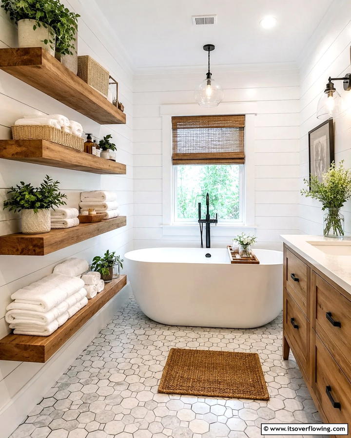 Floating Wood Shelves - 30 Small Bathroom Shelving Ideas for Smart Storage