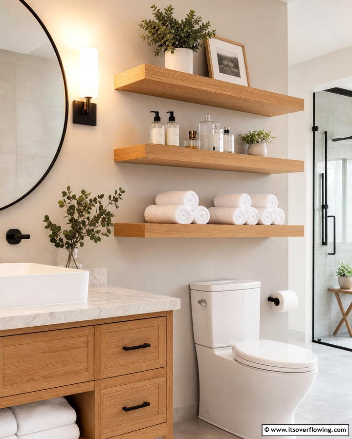 Floating Wooden Shelves - 25 Bathroom Shelf Ideas for Organized and Stylish Storage
