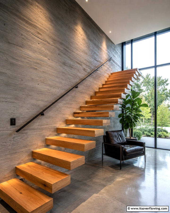Floating Wooden Steps - 30 Open Staircase Ideas to Elevate Your Home Organization