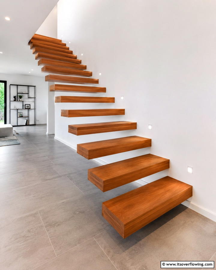 Floating Wooden Treads - 30 Open Staircase Ideas to Elevate Your Home Organization