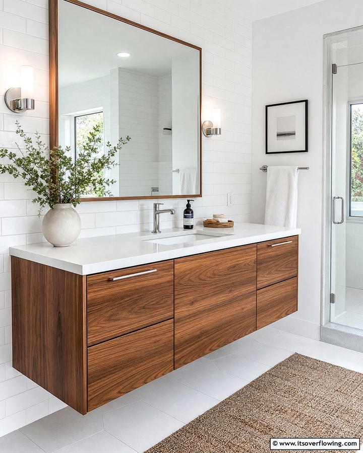 Floating Wooden Vanity with White Countertop - 20 Timeless Brown and White Bathroom Ideas for a Clean Look