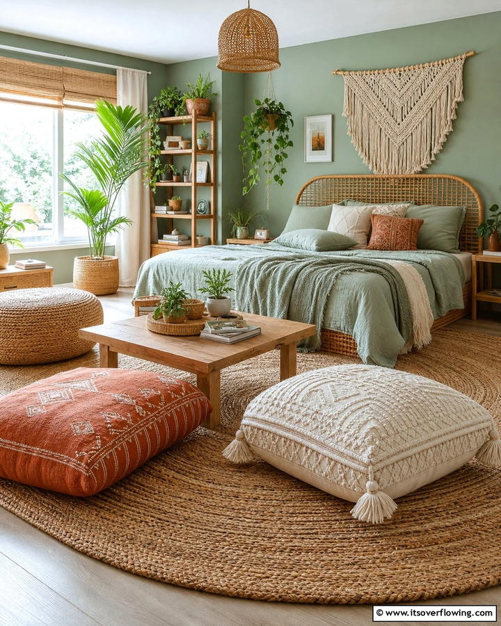 Floor Cushions and Poufs - 25 Boho Sage Green Bedroom Ideas for a Serene Retreat
