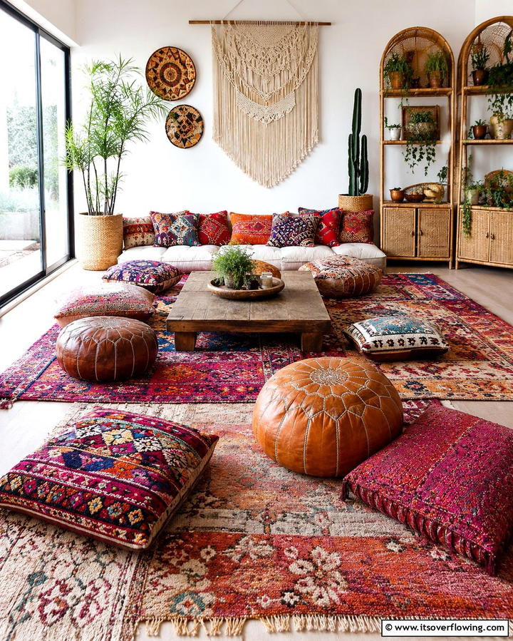 Floor Seating Arrangements - 25 Colorful Boho Living Room Ideas for a Vibrant Space