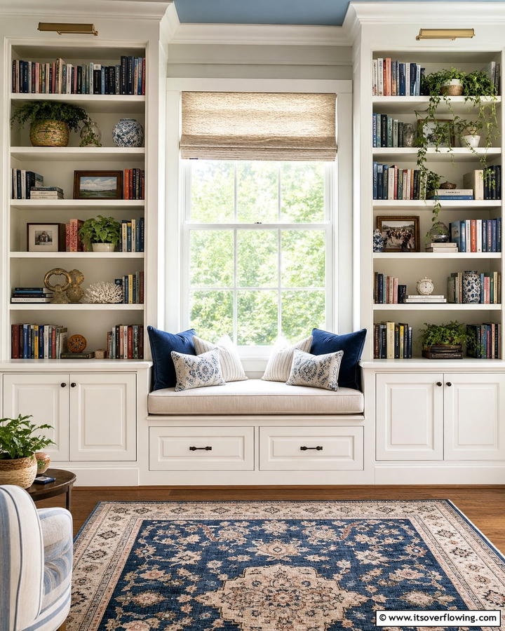 Floor to Ceiling Bookcases with a Central Window Seat - 20 Bookcases Around Window Design Ideas- Functional Decor